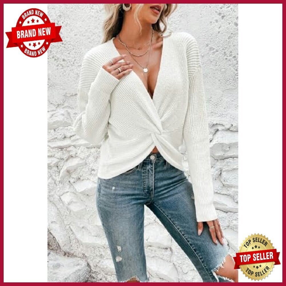 Cropped V-Neck Knit Sweater Long Sleeve Pullover Casual Tops - Picture 5 of 8